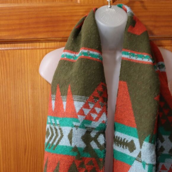 Urban Outfitters Oversized Southwestern Scarf | Olive & Rust Aztec Pattern - Picture 6 of 13